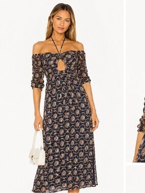 Club Monaco silk  Floral Off-Shoulder Midi Dress with Halter Strap